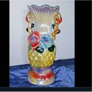Vintage Pearlescent Lustreware Vase Floral multicolor 8" tall Excellent conditio